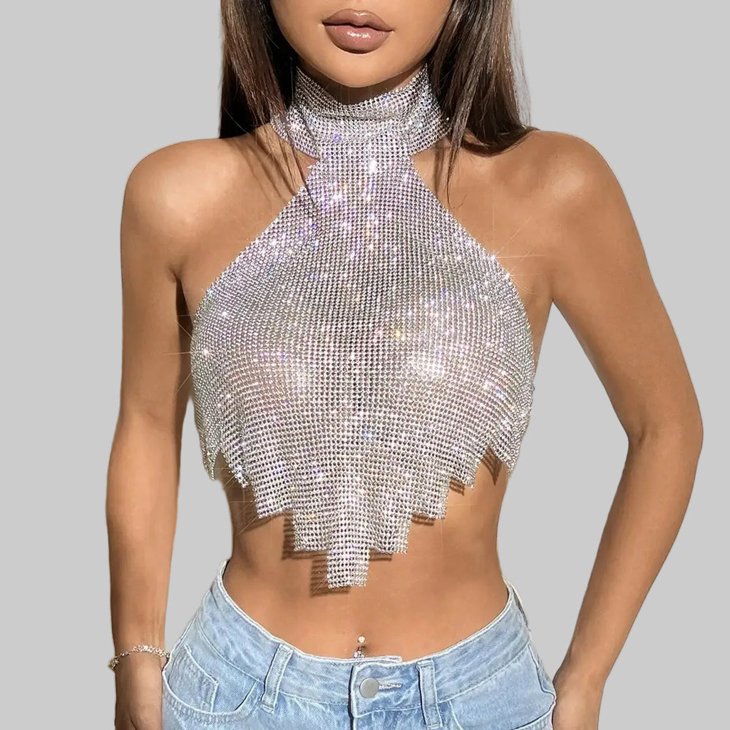 Rhinestone Off-Shoulder Halter Camisole - Backless Crop Top