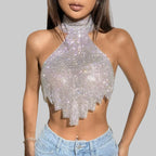 Rhinestone Off-Shoulder Halter Camisole - Backless Crop Top