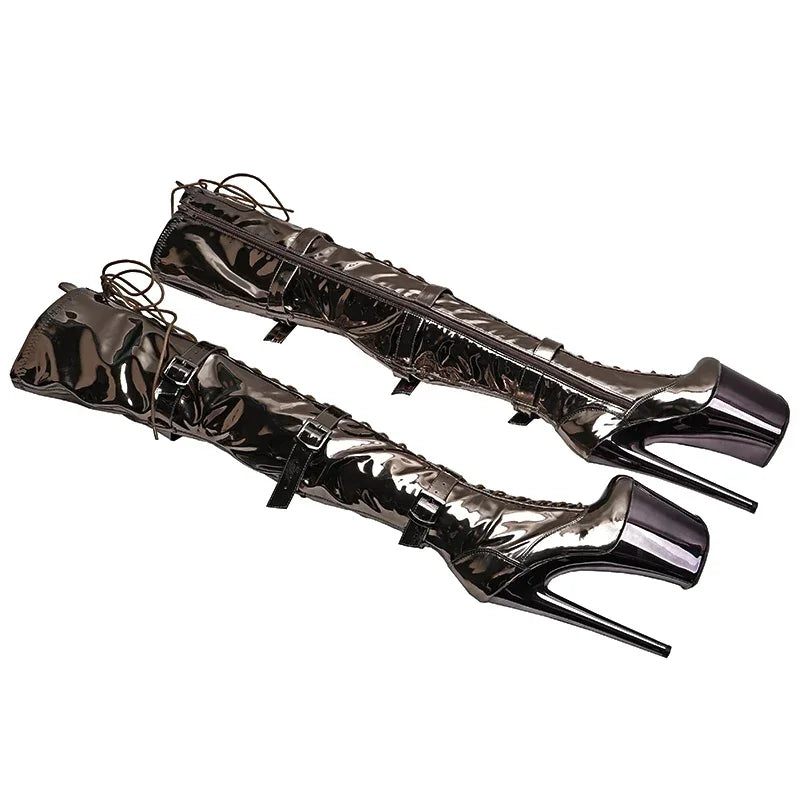 8-Inch Shiny Platform Boots - Lace-Up Dance Boots