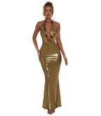Metallic Bodycon Maxi Dress - Backless V-Neck Party Dress
