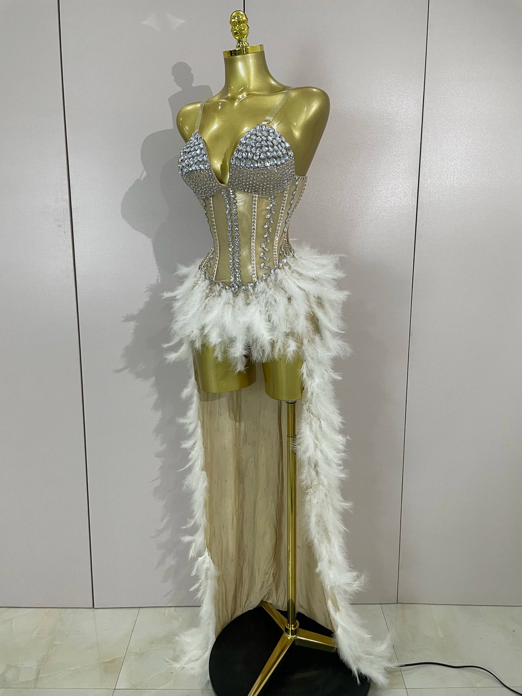 Rhinestone Feather Train Bodysuit | Stage Dress | S–XL