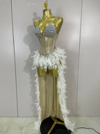Rhinestone Feather Train Bodysuit | Stage Dress | S–XL