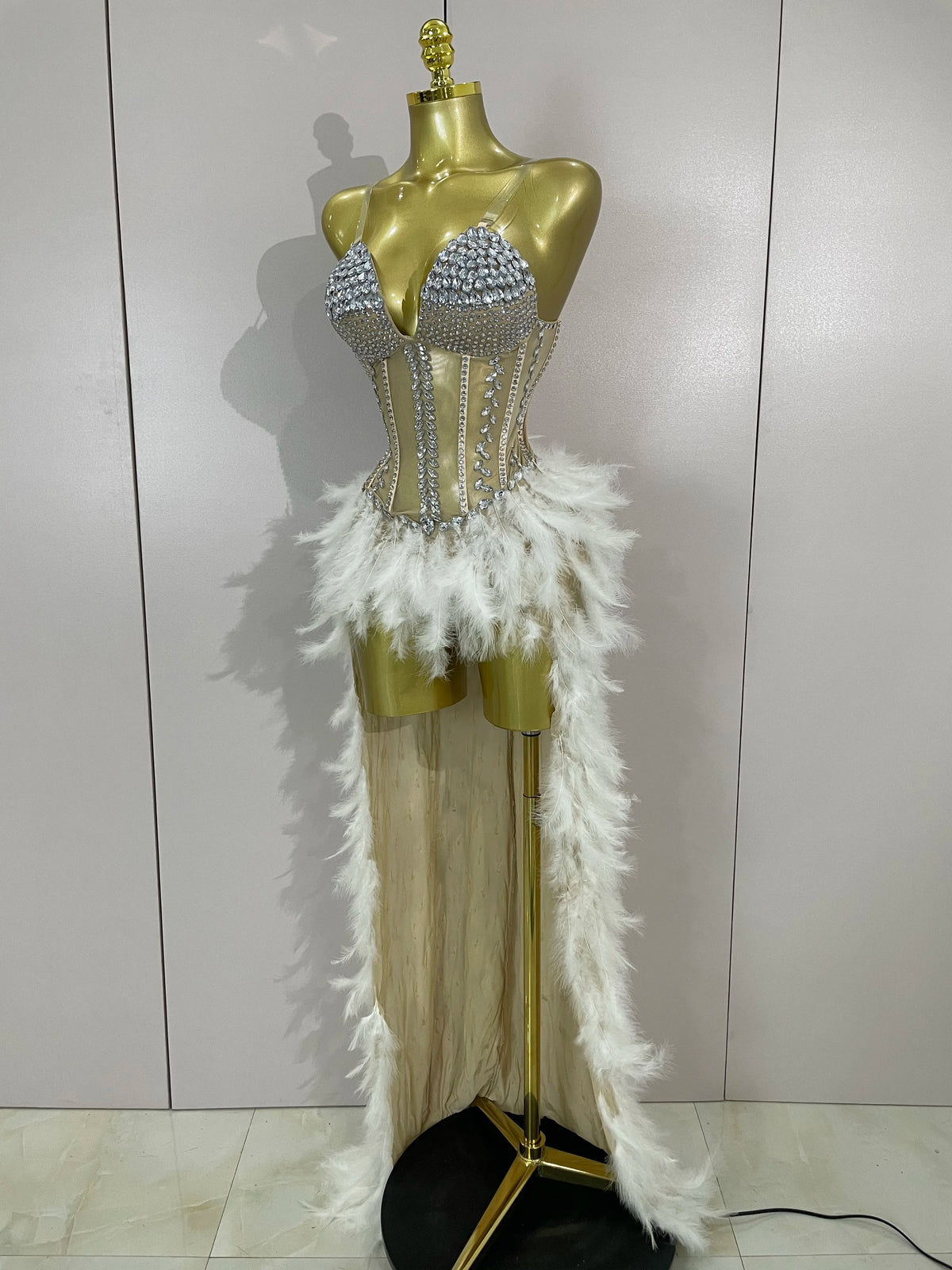 Rhinestone Feather Train Bodysuit | Stage Dress | S–XL