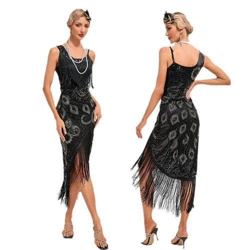 1920s Sequin Tassel Peacock Dress | Flapper | Charleston Dance