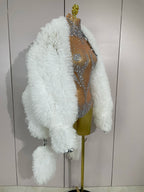 Rhinestone Crystal Bodysuit & Faux Fur Coat | Stage Performance Set