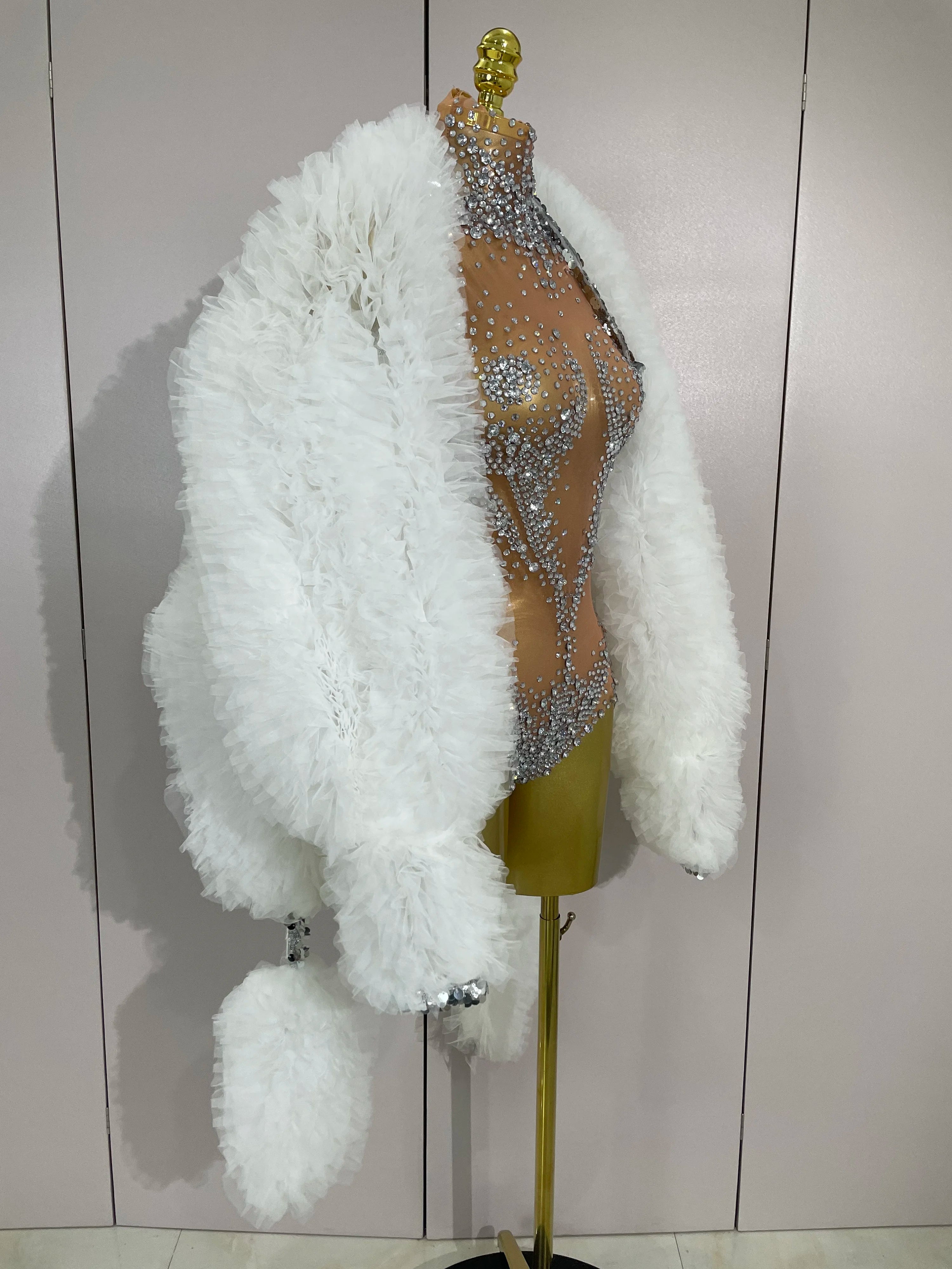Rhinestone Crystal Bodysuit & Faux Fur Coat | Stage Performance Set