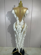 Pearl & Diamond Mesh Feather Gown | Sheer | Stage & Evening
