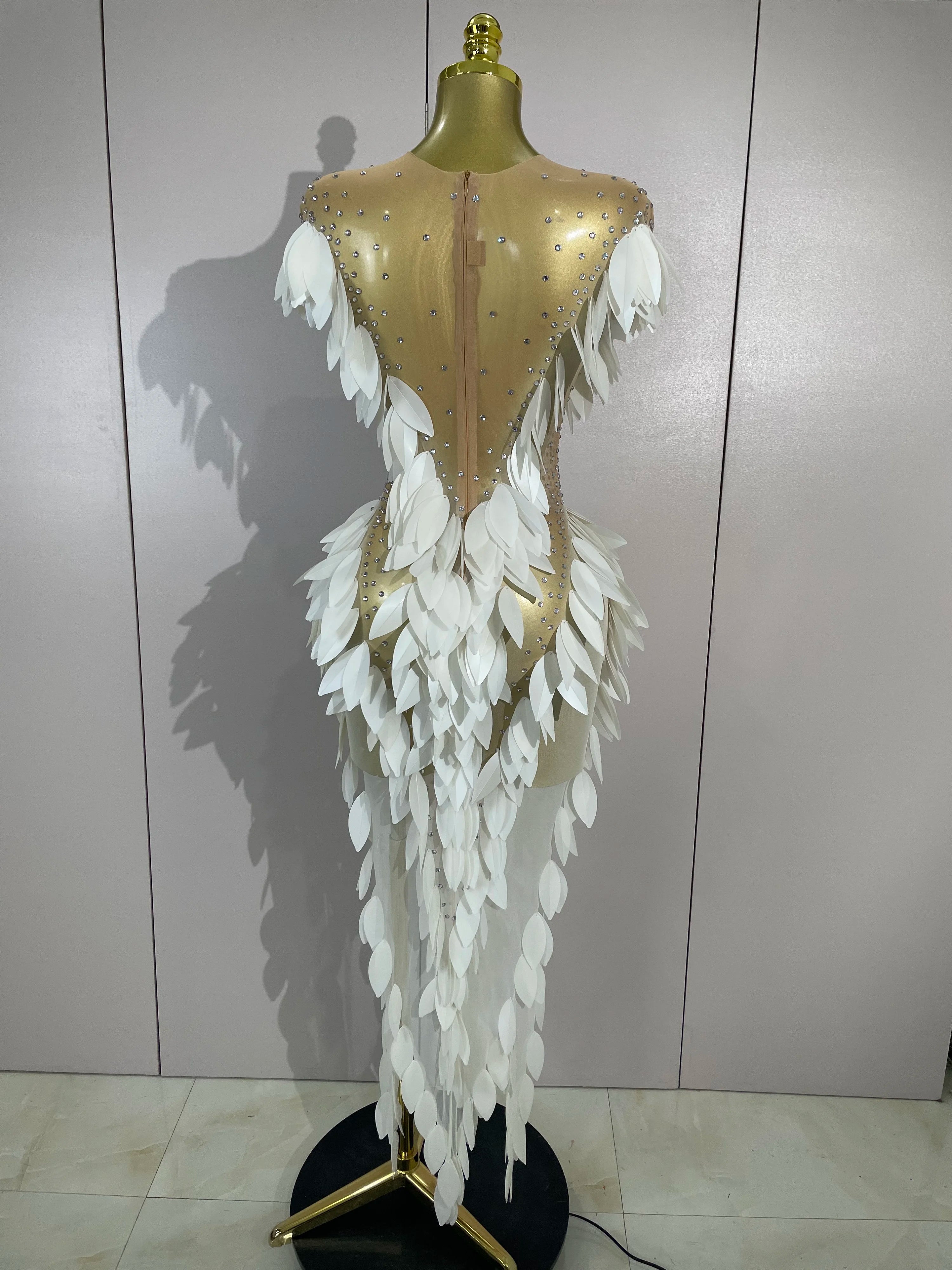 Pearl & Diamond Mesh Feather Gown | Sheer | Stage & Evening