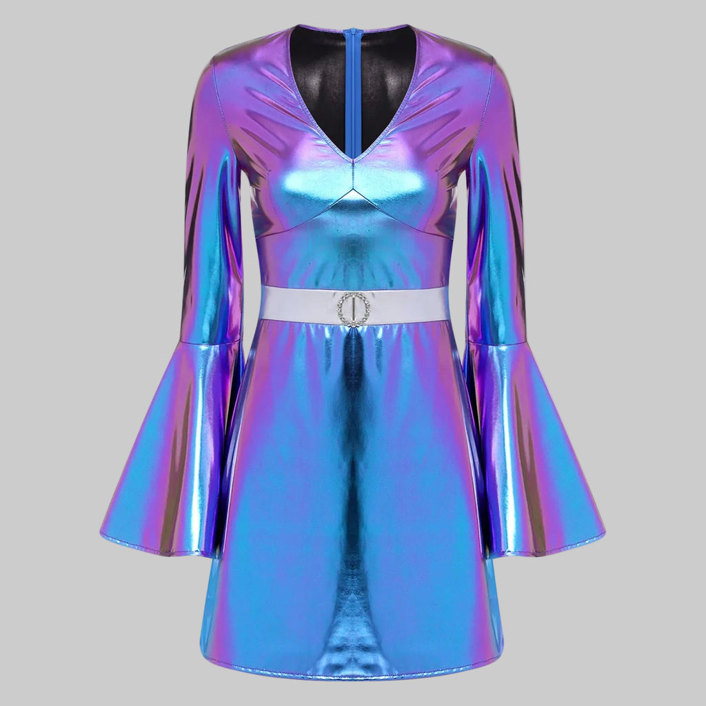 Women's Crystal 70s Disco Mini Dress - Metallic V-Neck Bodycon Costume