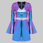 Women's Crystal 70s Disco Mini Dress - Metallic V-Neck Bodycon Costume
