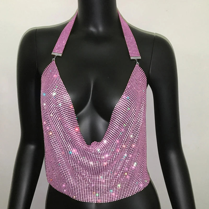 Rhinestone Sequin Deep V Halter Crop Top - Backless Diamond Tank