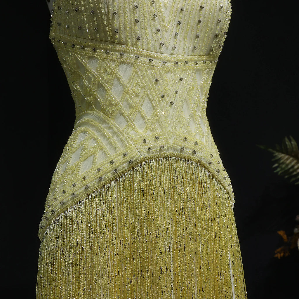 Yellow Beaded Tassel Mermaid Gown | Halter V-Neck | Floor-Length