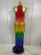 Rainbow Rhinestone Mesh Gown | Stage Performance Dress