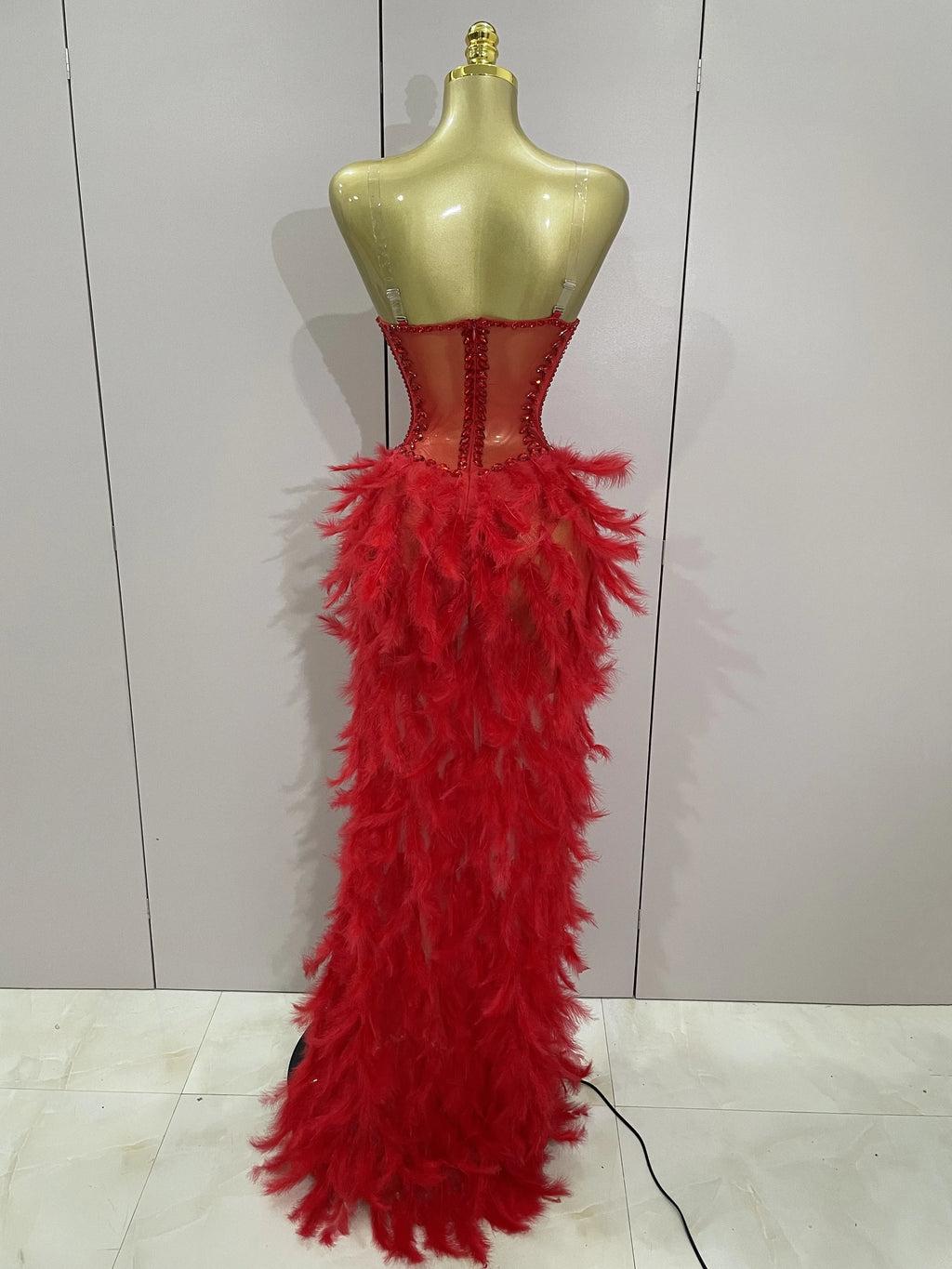 Rhinestone Corset Feather Gown | Long Feather Train | Red, Black & White