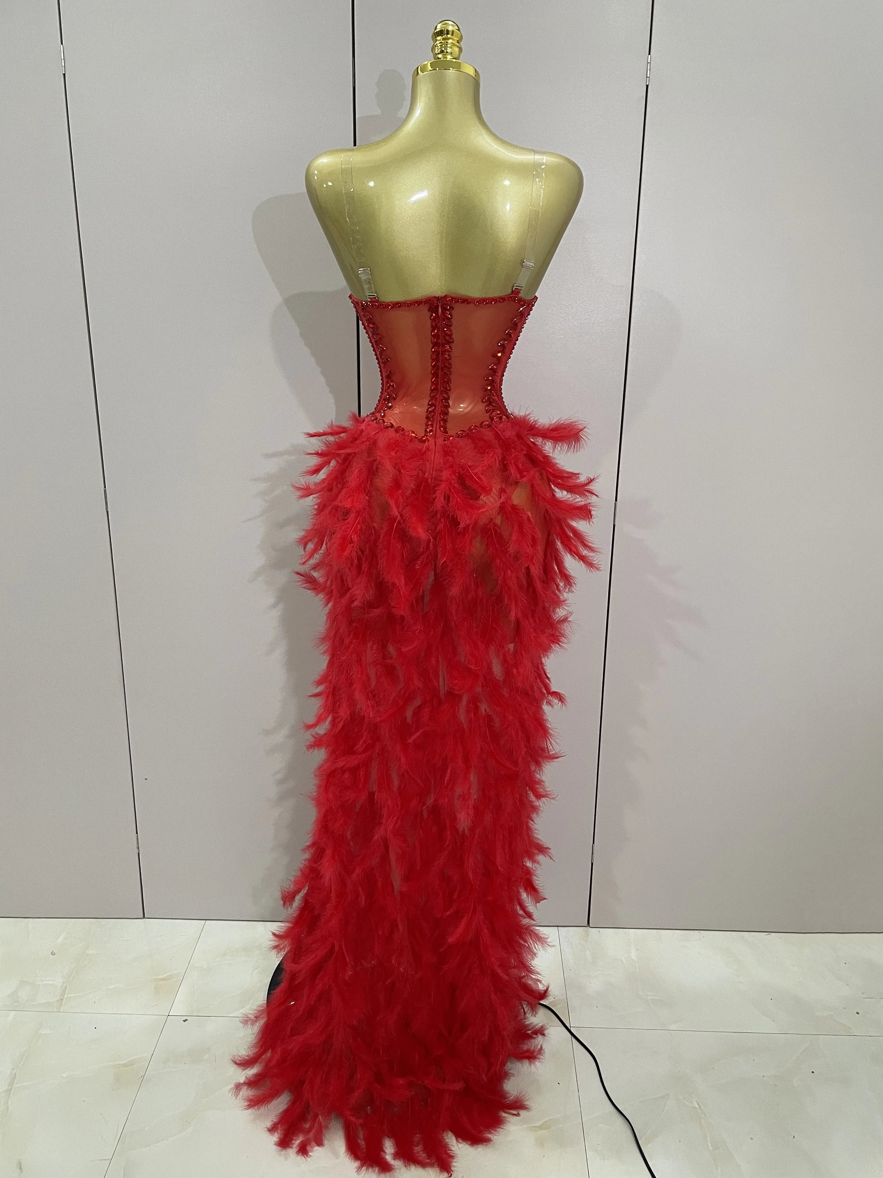 Rhinestone Corset Feather Gown | Long Feather Train | Red, Black & White