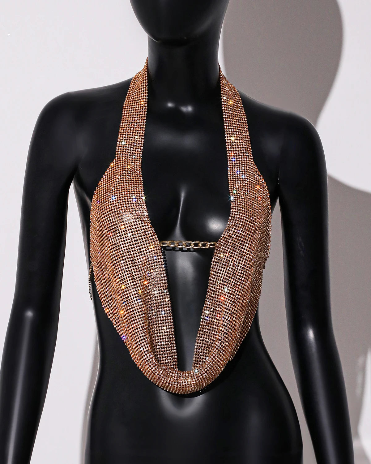 Rhinestone Chain Halter Crop Top - Metal Chain Strap Festival Top