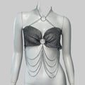 Rhinestone Fishnet Chain Tassel Halter Top - Backless Diamond Tank
