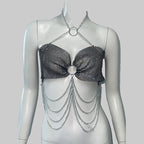 Rhinestone Fishnet Chain Tassel Halter Top - Backless Diamond Tank