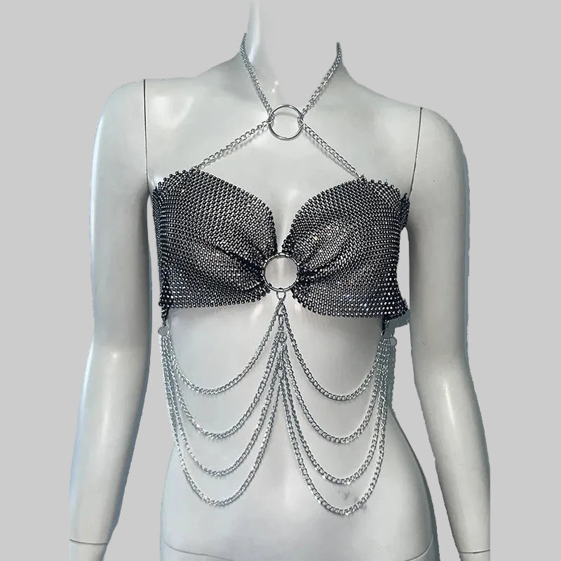Rhinestone Fishnet Chain Tassel Halter Top - Backless Diamond Tank
