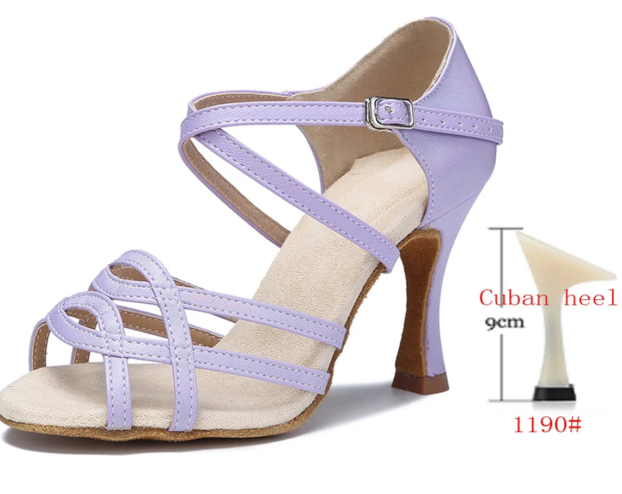 Cross-Strap Latin Dance Sandals | Cuban Heel | 6–10cm | Purple & Yellow