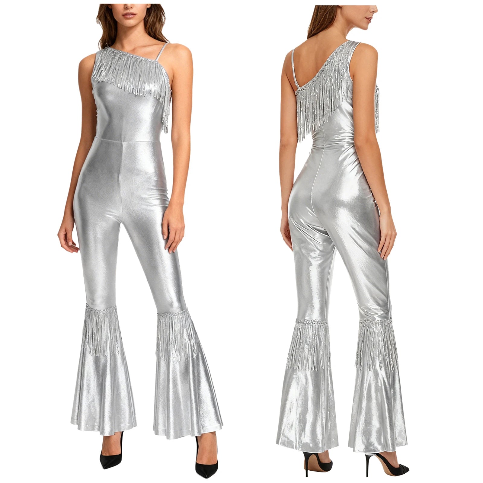 Women's Metallic Disco Jumpsuit | One Shoulder | Bell Bottom