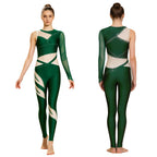 Women's Rhinestone Gymnastics Unitard | Mesh Patchwork & Asymmetric Shoulder | Performance Jumpsuit