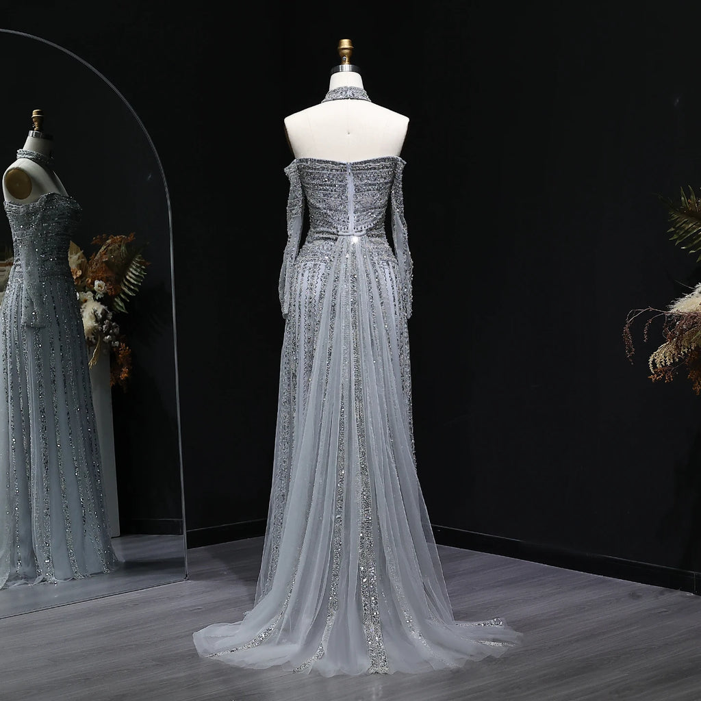 Beaded Off-Shoulder Gown | Choker & Long Sleeves | Grey, Pink, Champagne