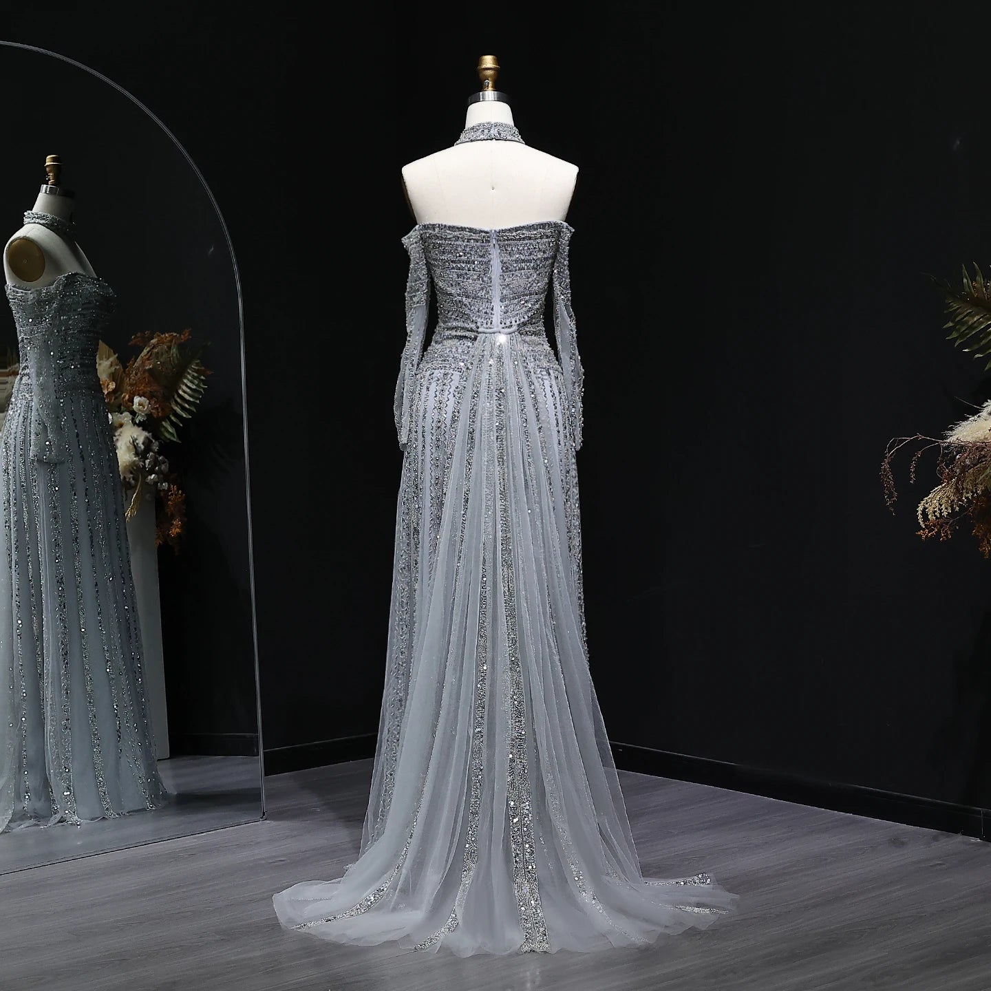 Beaded Off-Shoulder Gown | Choker & Long Sleeves | Grey, Pink, Champagne