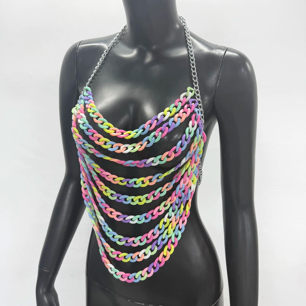 Colorful Acrylic Chain Halter Crop Top - Tassel Backless Tank
