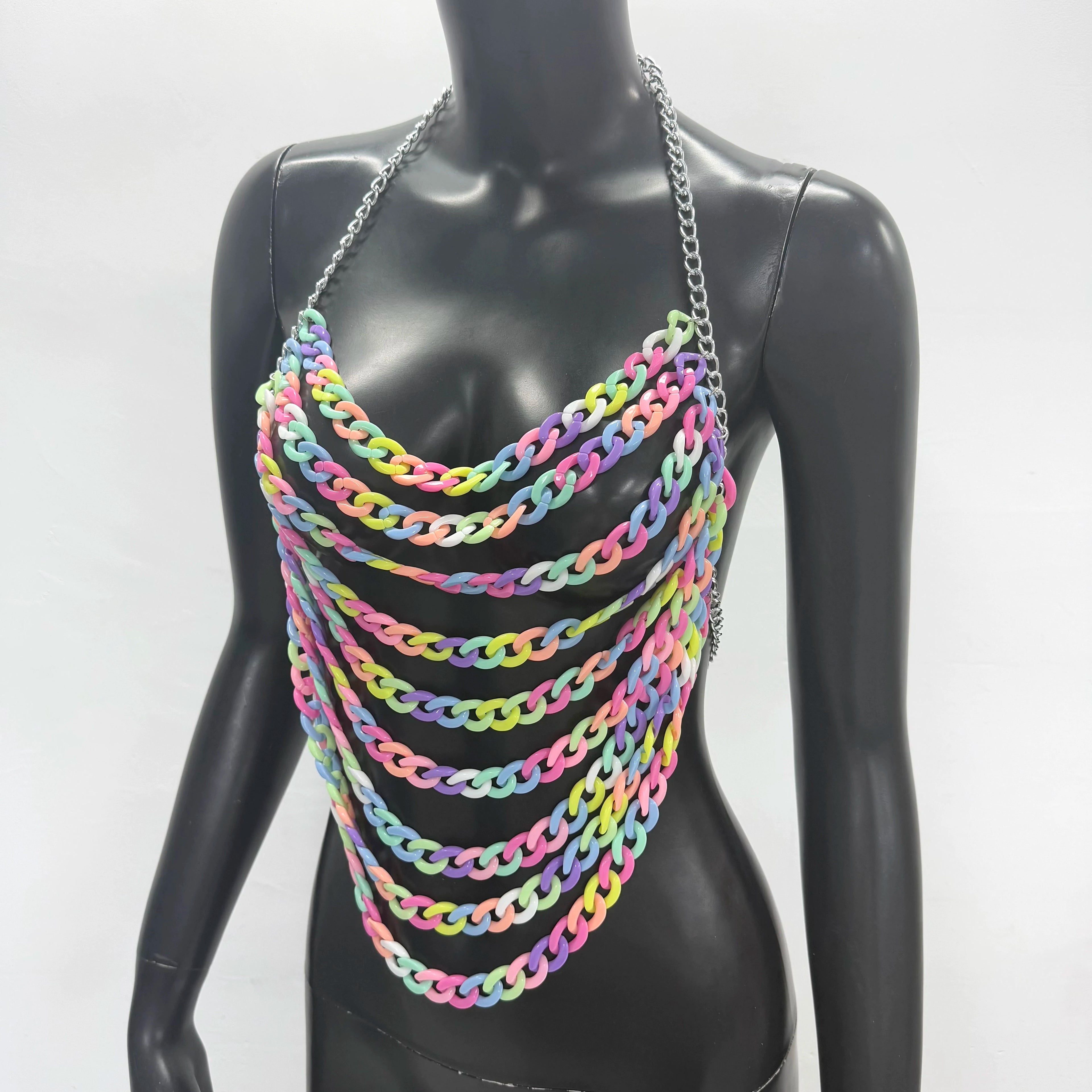 Colorful Acrylic Chain Halter Crop Top - Tassel Backless Tank