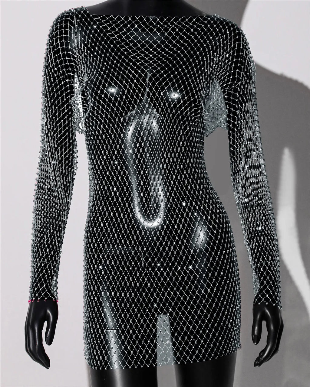 Rhinestone Fishnet Mini Dress - Backless Long Sleeve Cover Up
