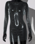 Rhinestone Fishnet Mini Dress - Backless Long Sleeve Cover Up