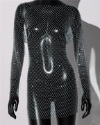 Rhinestone Fishnet Mini Dress - Backless Long Sleeve Cover Up
