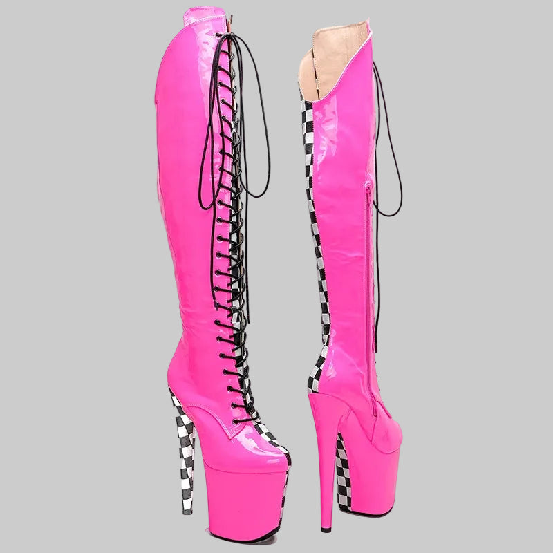 Thigh-High Platform Boots - 8-Inch Grid Pattern Lace-Up Boots for Pole Dance & Performance