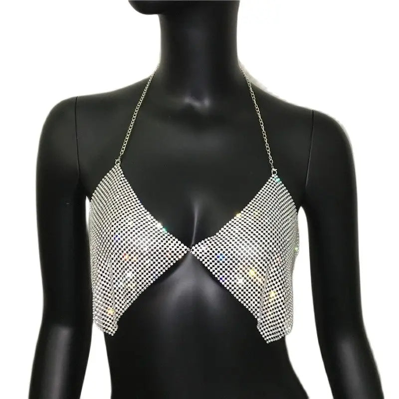 Rhinestone Metal Sequin V-Neck Halter Crop Top
