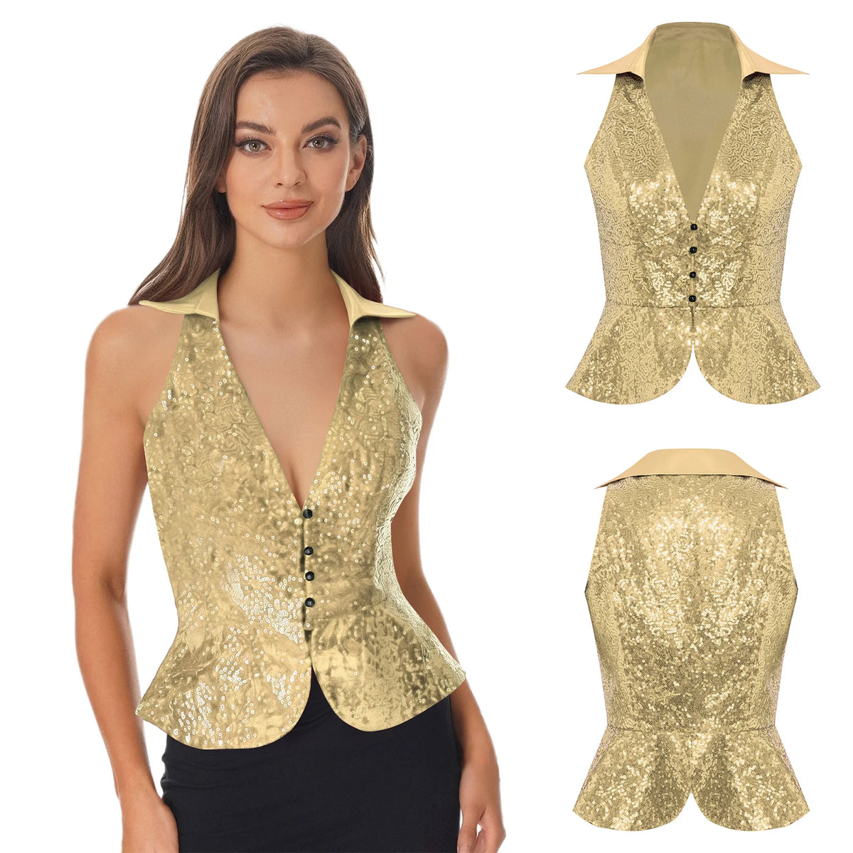 Sequin Lapel Peplum Vest | Sleeveless | Jazz, Cabaret & Stage Performance