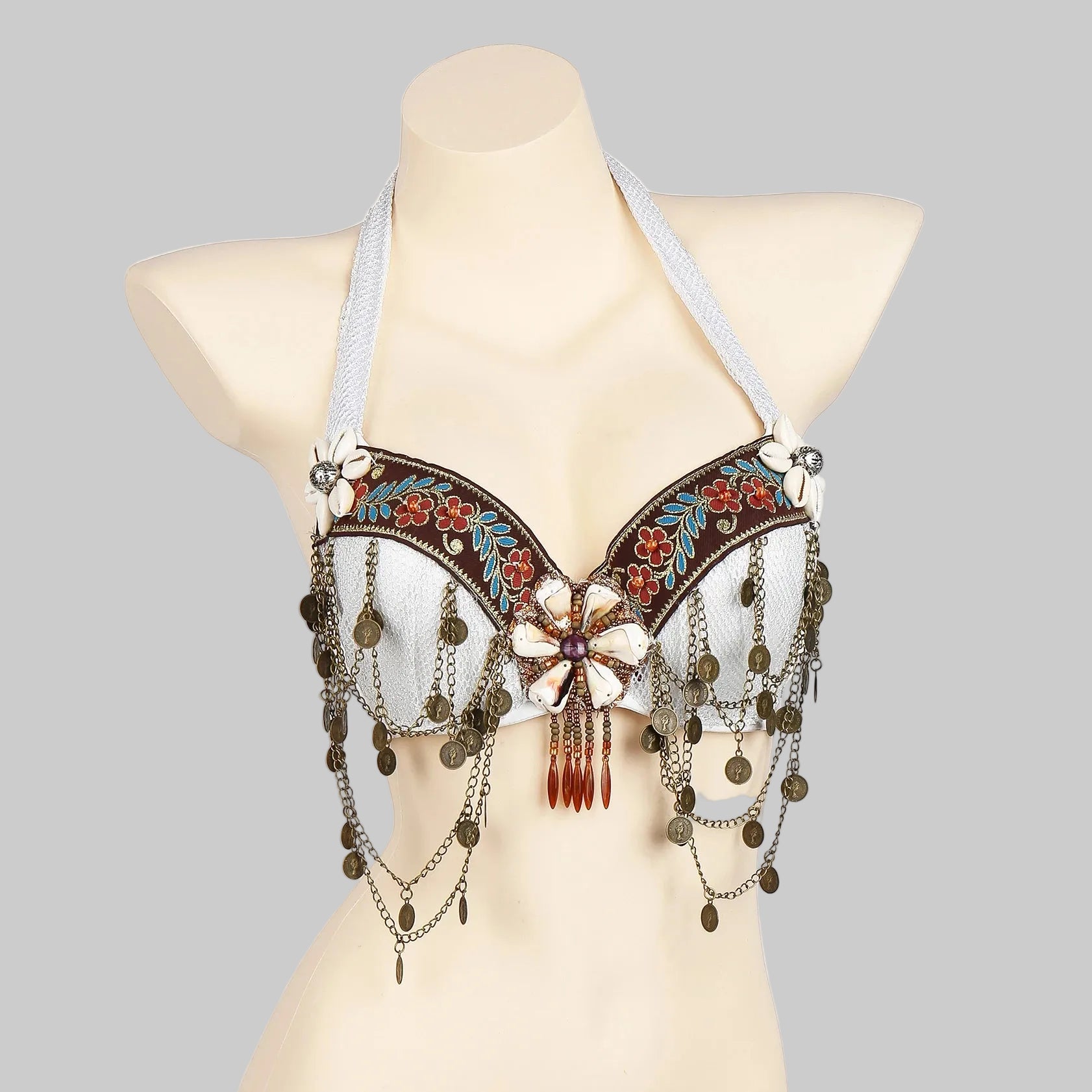 Tribal Belly Dance Bra - Vintage Gypsy Style with Beads, Mirrors & Coin Drapes