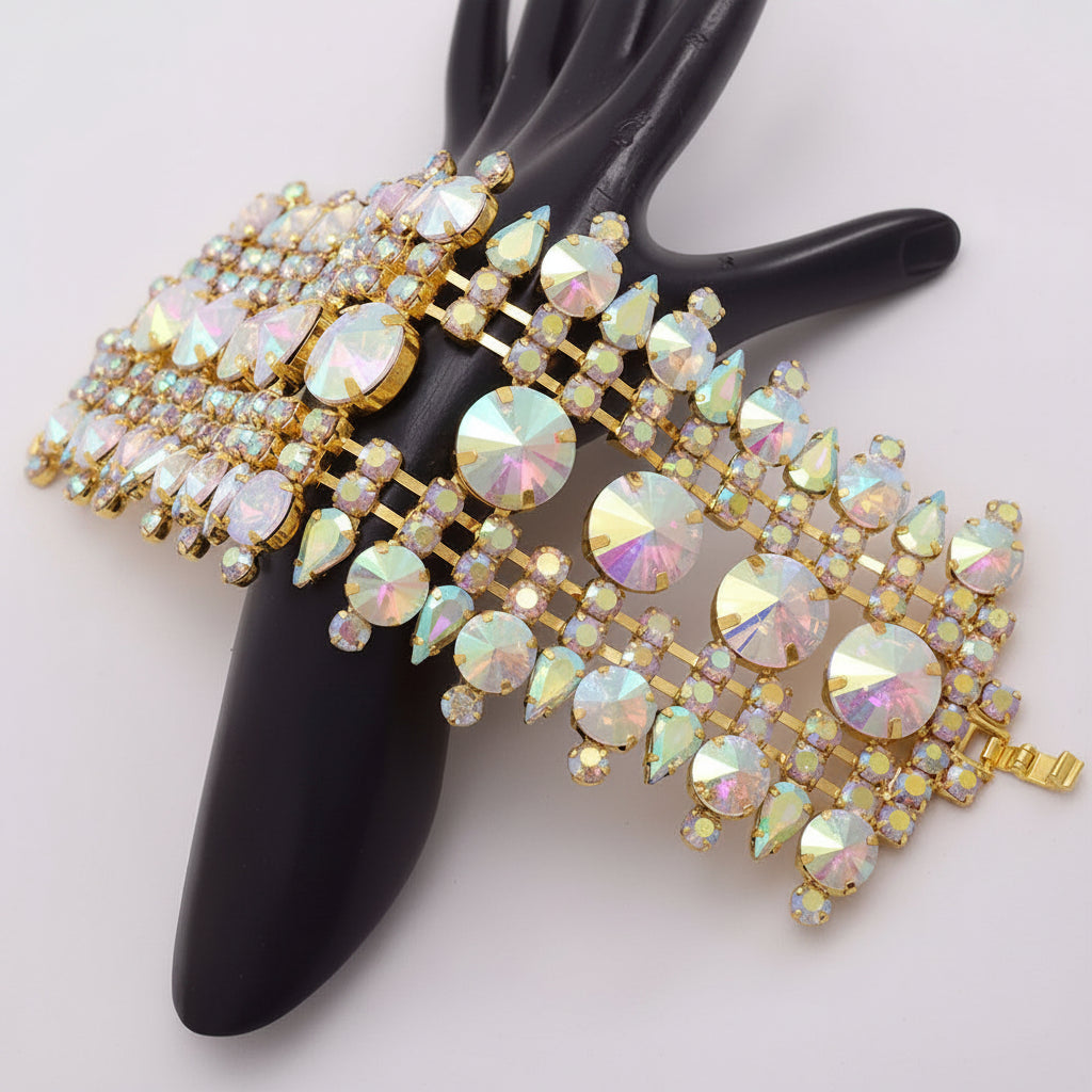 Rhinestone Bangle Bracelet | Crystal Wide Cuff | 3"