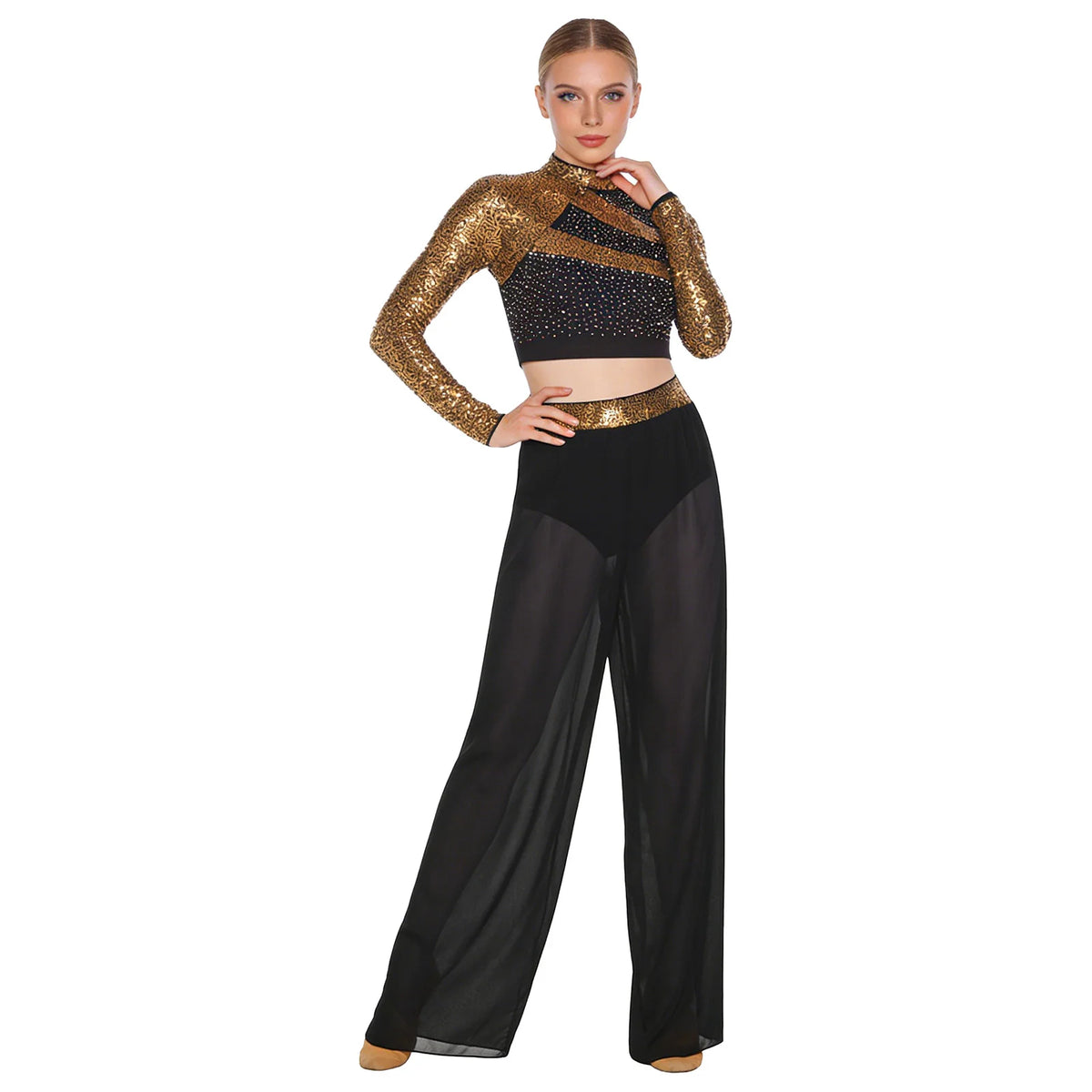 Women's Sequin Crop Top & Side-Split Chiffon Pants | Mock Neck & Cutout Back | 2-Piece Dance Set