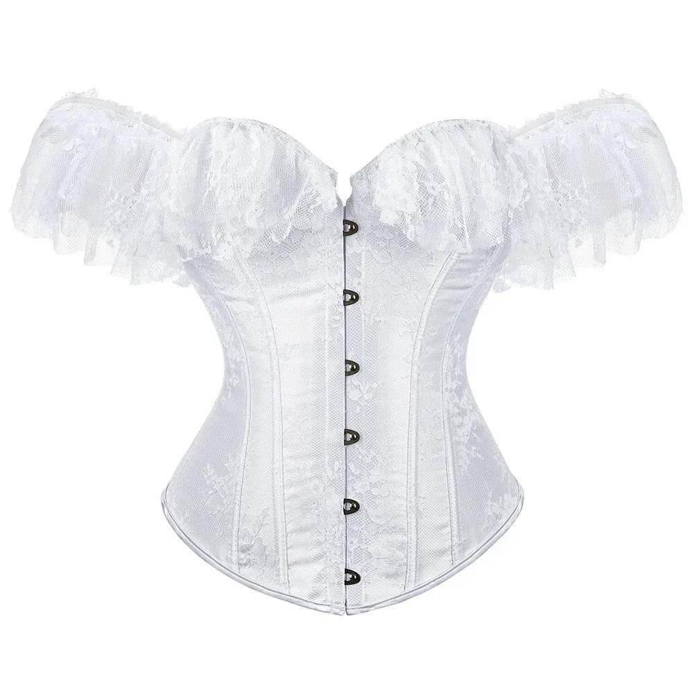 Off-Shoulder Satin Corset | Lace Ruffle Sleeves | Gothic Victorian