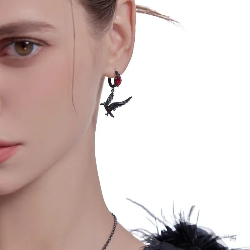 Crow Earrings | Black Wings & Red