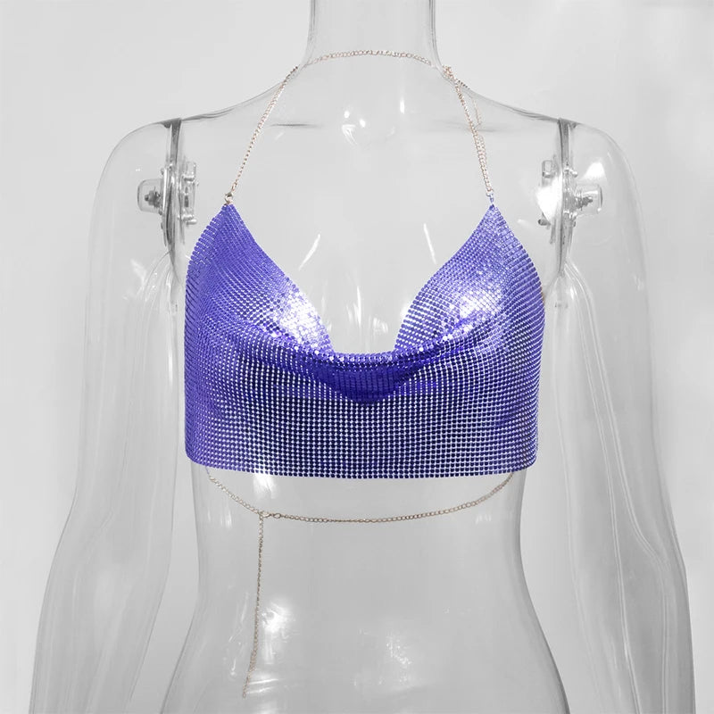 Metallic Sequin Halter Crop Top - V-Neck Backless