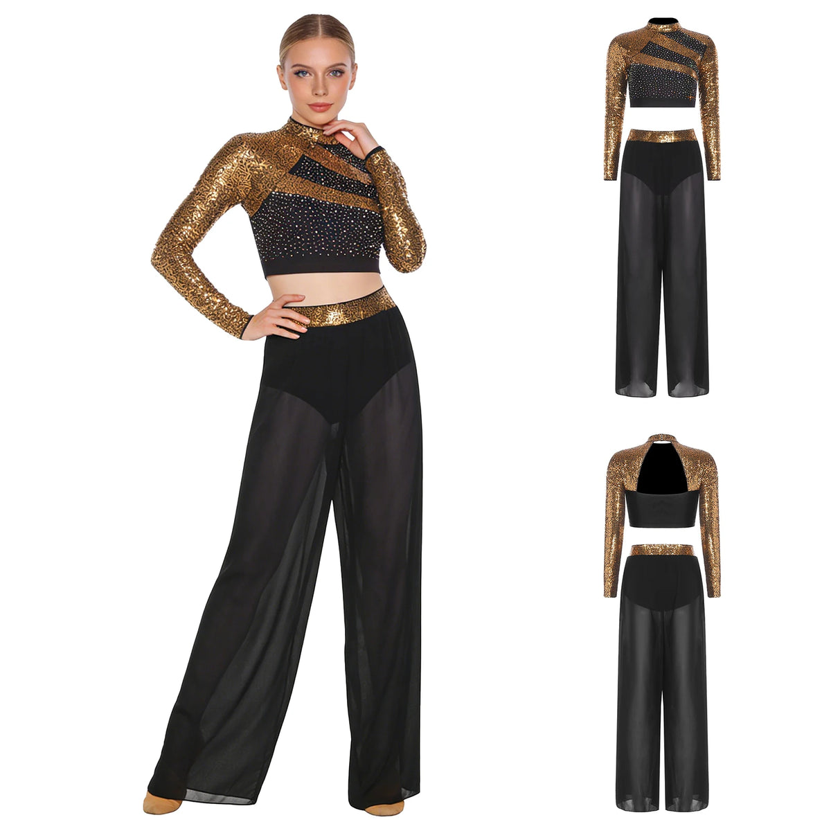 Women's Sequin Crop Top & Side-Split Chiffon Pants | Mock Neck & Cutout Back | 2-Piece Dance Set
