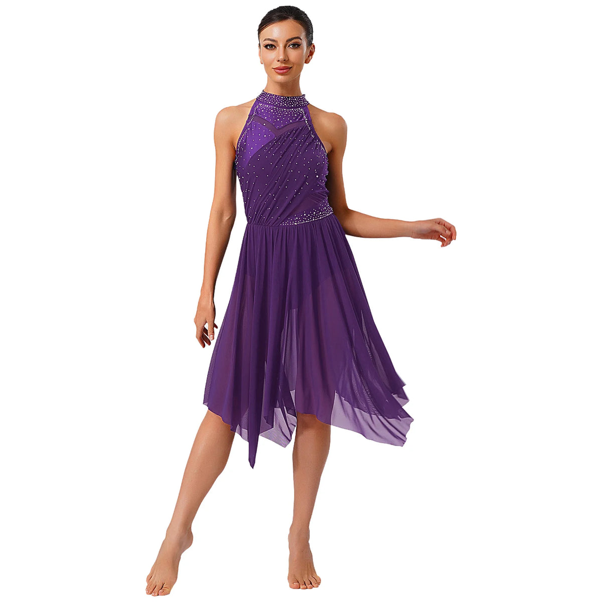 Women's Rhinestone Halter Lyrical Dance Dress | Irregular Mesh Ruffle Hem | Competition & Performance