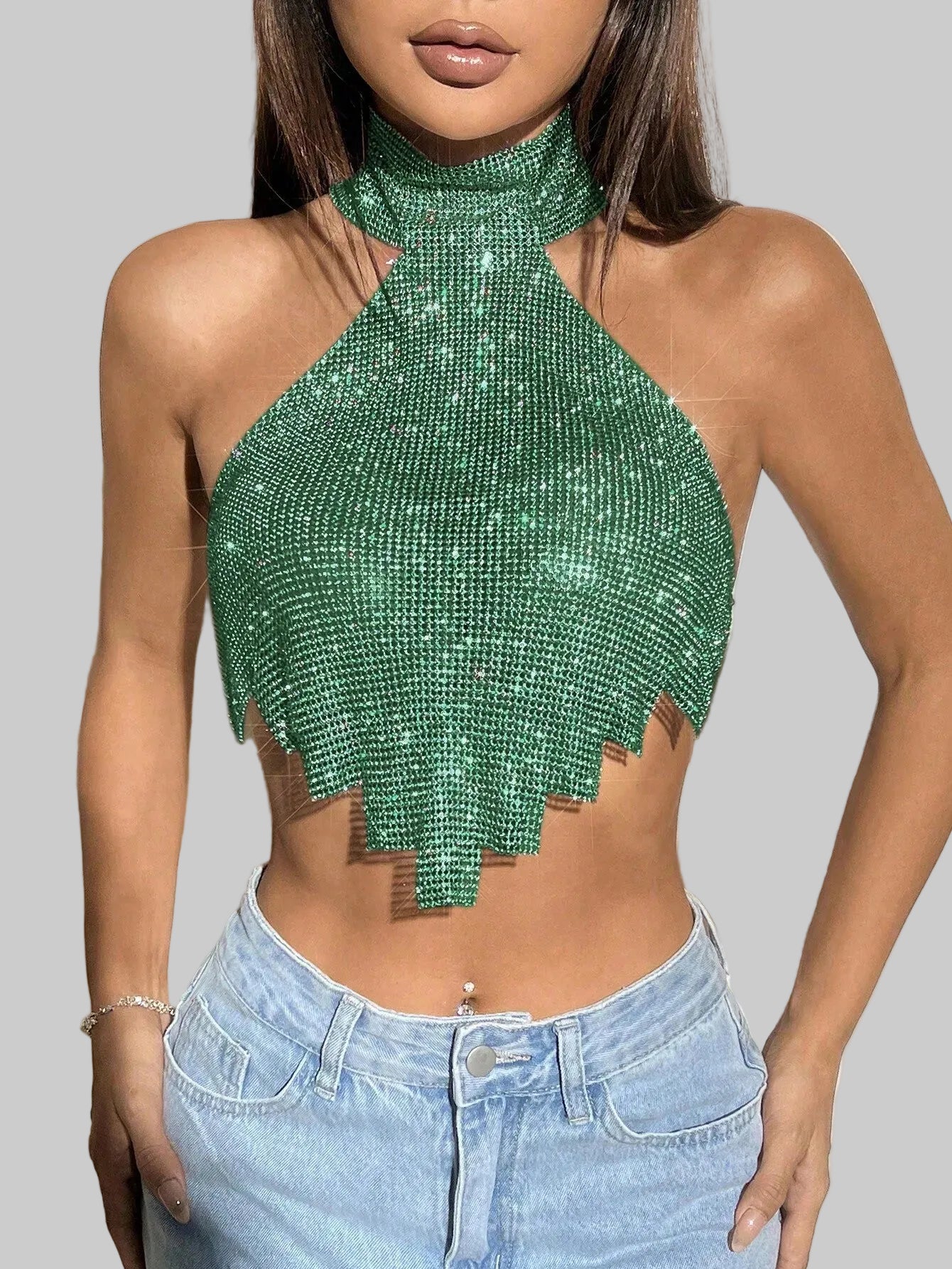Rhinestone Off-Shoulder Halter Camisole - Backless Crop Top
