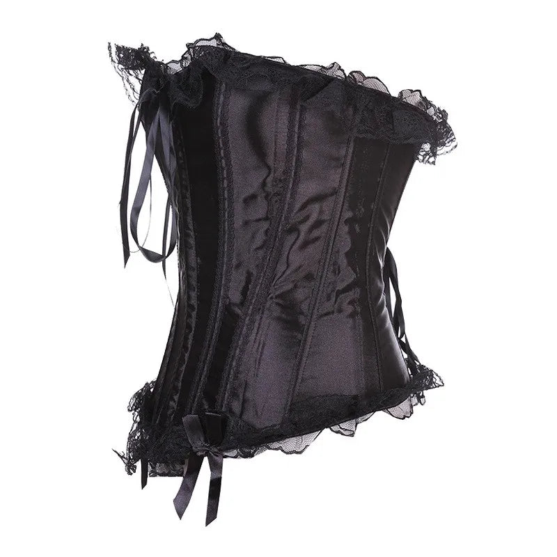 Black Gothic Overbust Corset | Hi-Low Ruffle Skirt | Lace Trim | XXS–6XL