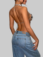 Acrylic Sequin Tassel Halter Crop Top - Handmade Backless Tank