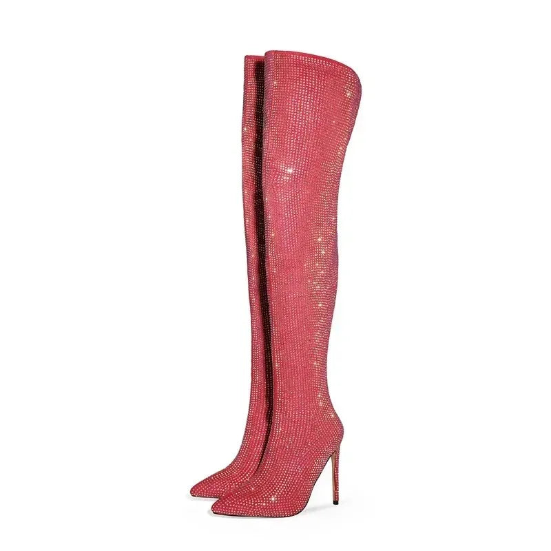 Rhinestone Over-the-Knee Stiletto Boots | Pointed Toe 12cm | 5 Colors