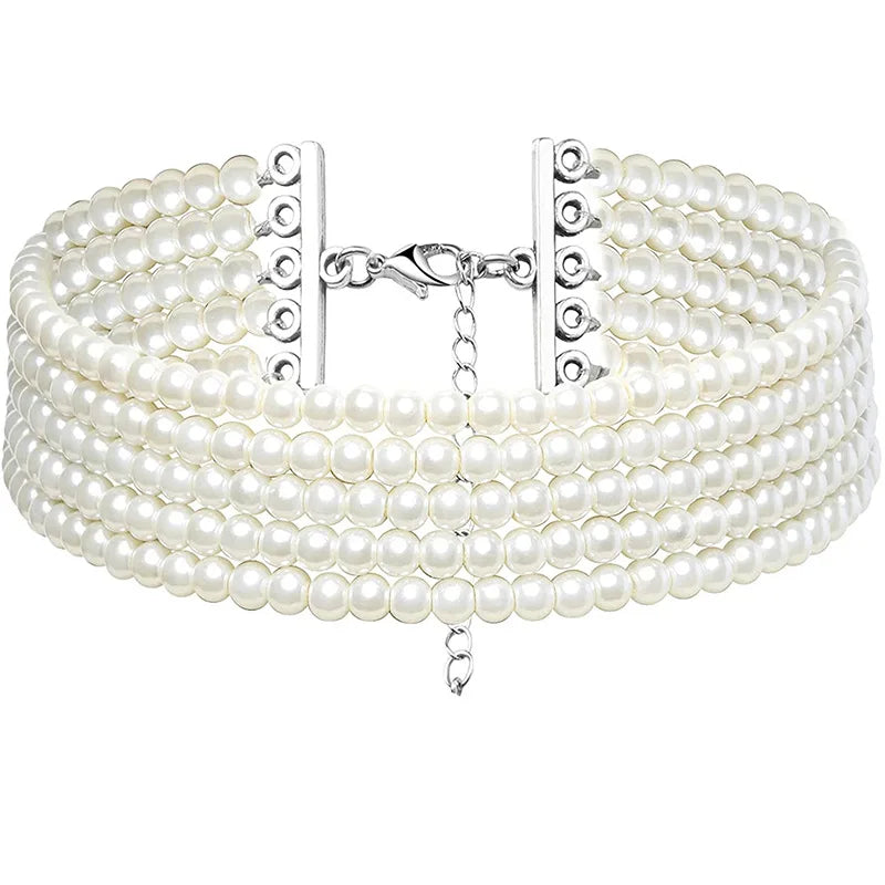 Pearl Collar Choker | Layered Rows | White