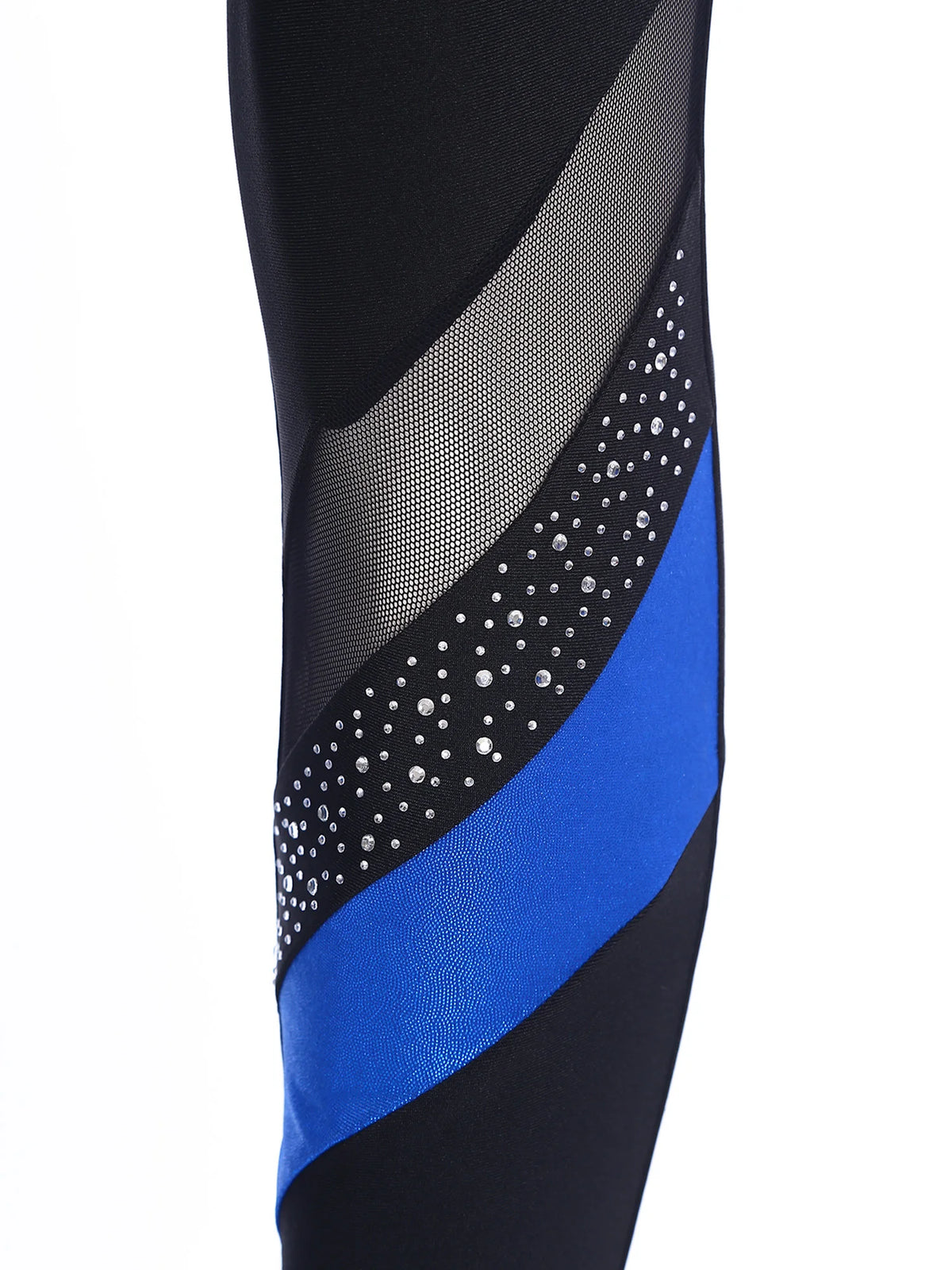Women's Rhinestone Color-Block Dance Jumpsuit | Sheer Mesh Long Sleeve & Ankle Length | Gymnastics & Performance